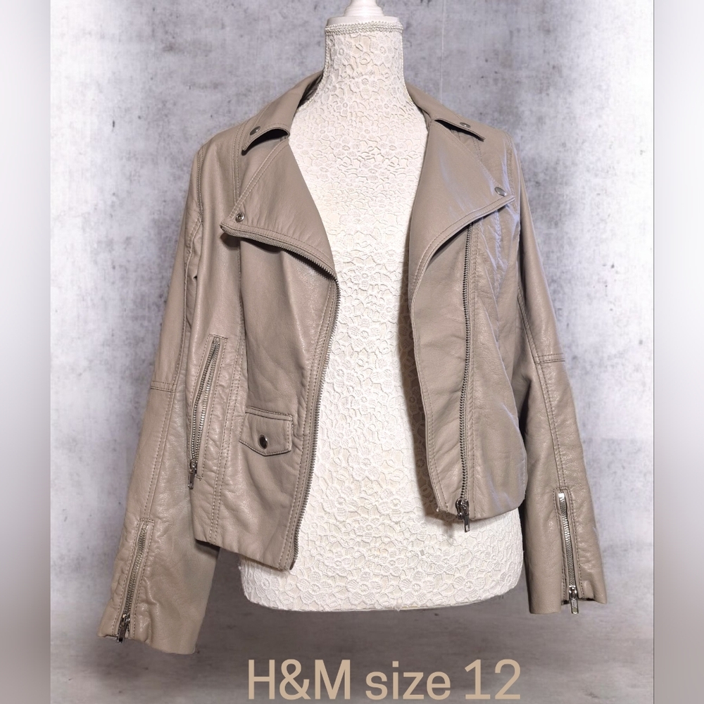 Taupe/Beige Moto Vegan Leather Jacket, Size L - Like New - H&M